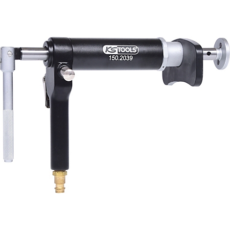 Schwarzes KS Tools Werkzeug. Aufschrift: 150.2039. Silberner Drehgriff, silberne Endplatte, schwarzer Griff.